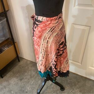Silk Blend Wrap Skirt Pink Blue Design Women’s Medium MIDI India Made Casual